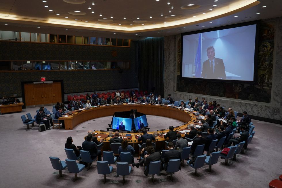 u200bTom Fletcher addresses attendees via video link during the Security Council meeting