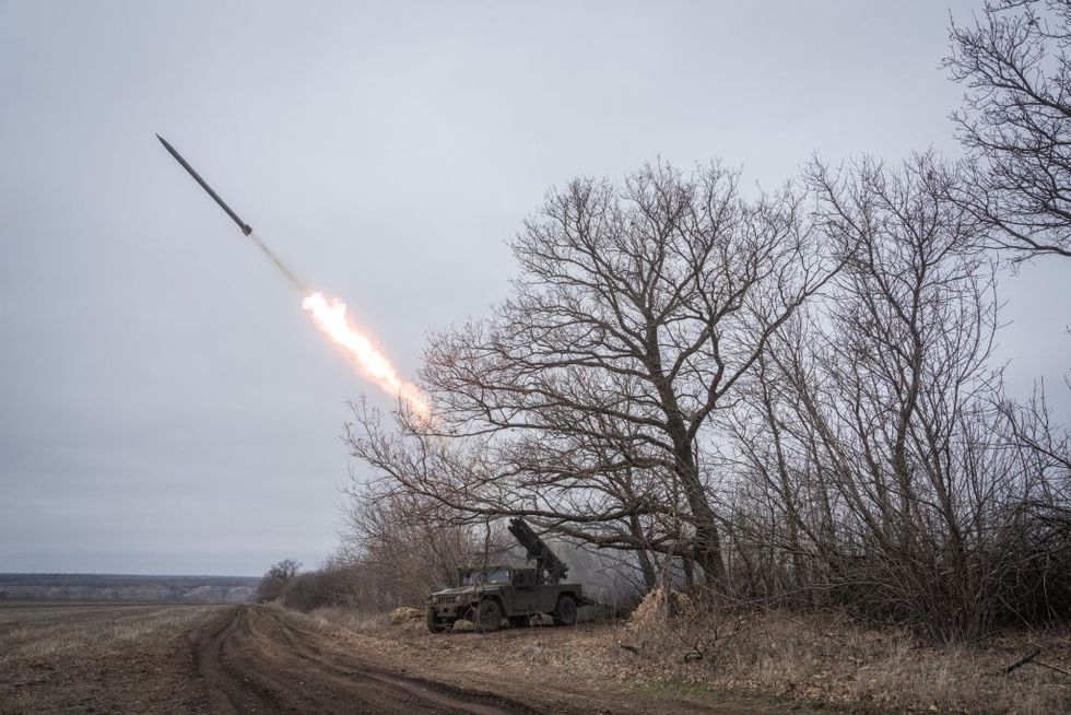 u200bUkrainian soldiers of 111th brigade operate an American Humvee fitted with Soviet era Grad launcher