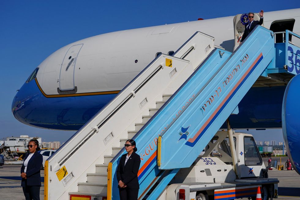 u200bUS Secretary of State Antony Blinken gestures as he arrives in Tel Aviv, Israe