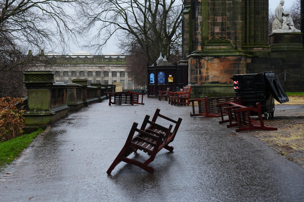 u200bWooden park benches blown over by the winds from Storm Eowyn