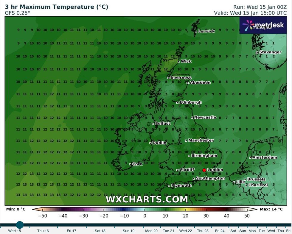 u200bWX Charts map shows temperatures across the UK are expected to reach between 7 to 11Cu200b