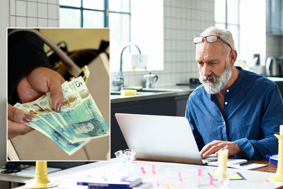 UK cash and a man looking at car finance options on his laptop