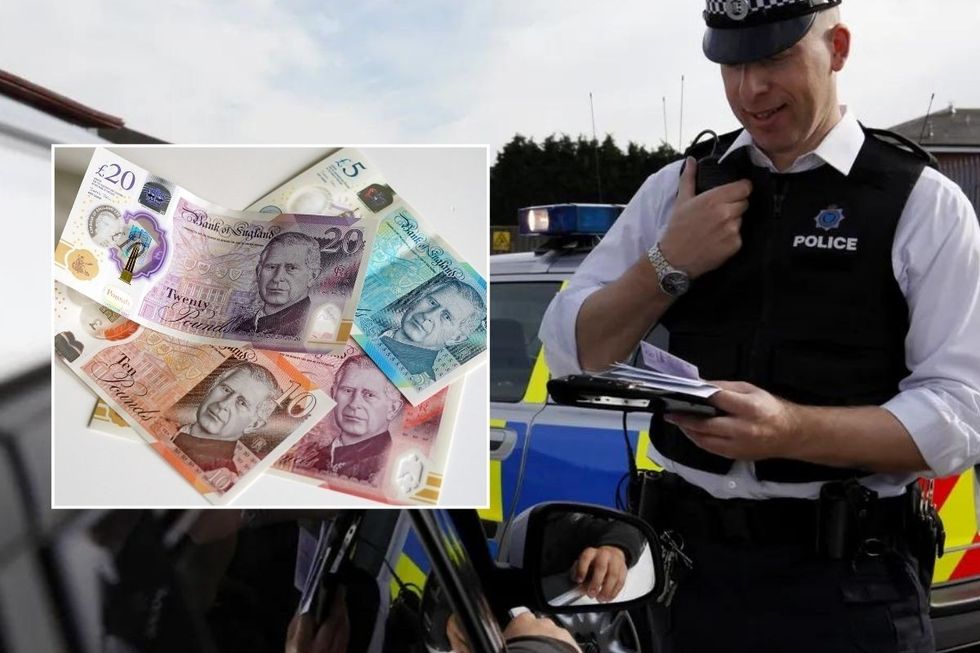 UK money and a police officer pulling a car over