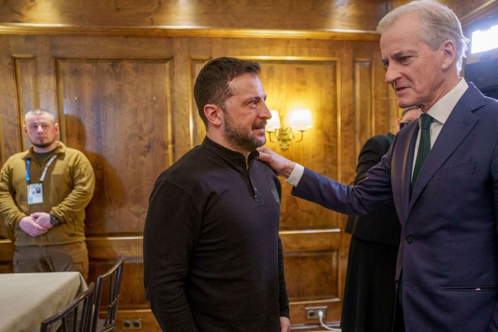 Ukrainian President Volodymyr Zelensky stands with Norway's Prime Minister Jonas Gahr Stu00f8re u200b