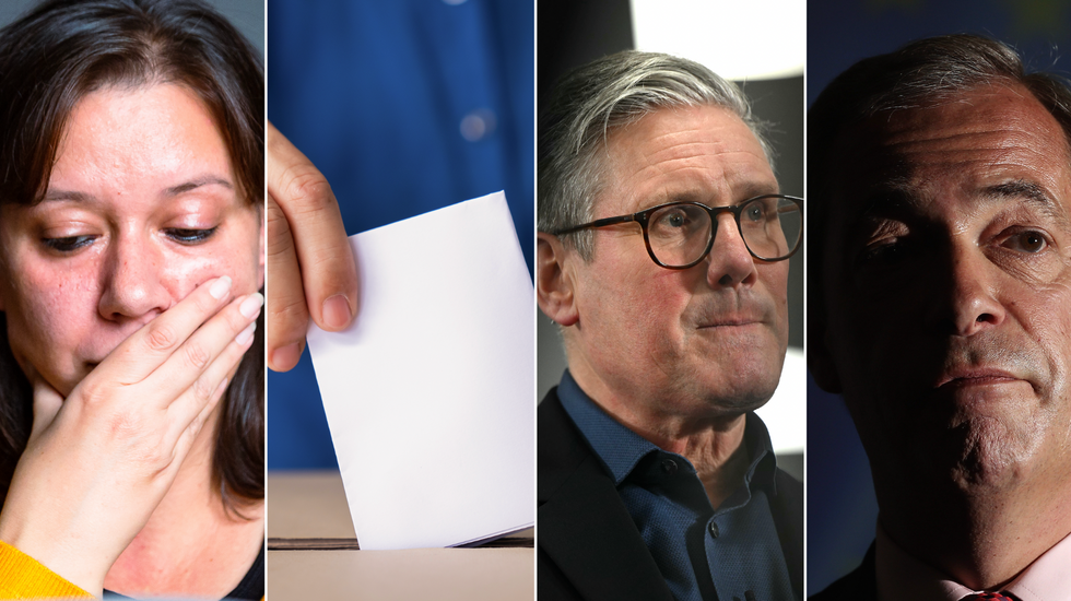 Upset mum (left), ballot box (centre), Keir Starmer (centre right), Nigel Farage (right)