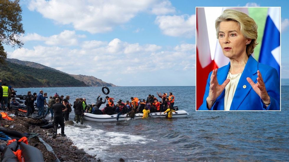 Ursula von der Leyen and a migrant boat