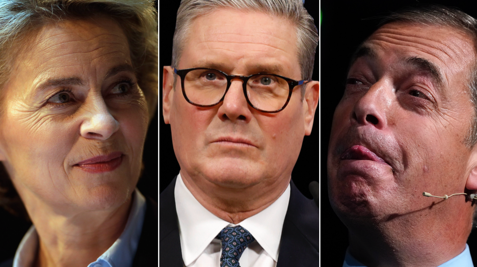 Ursula Von der Leyen (left), Keir Starmer (middle), Nigel Farage (right)