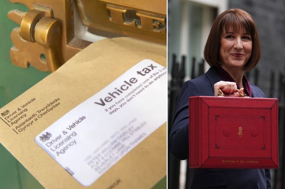 Vehicle tax reminder and Rachel Reeves holding the Budget briefcase