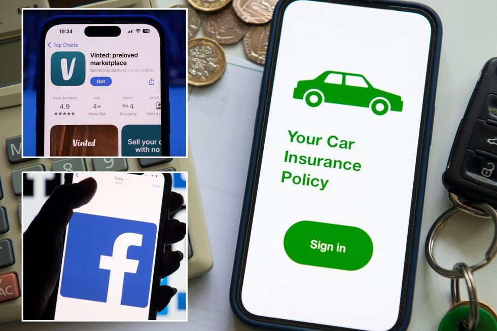 Vinted app, Facebook logo and a car insurance policy