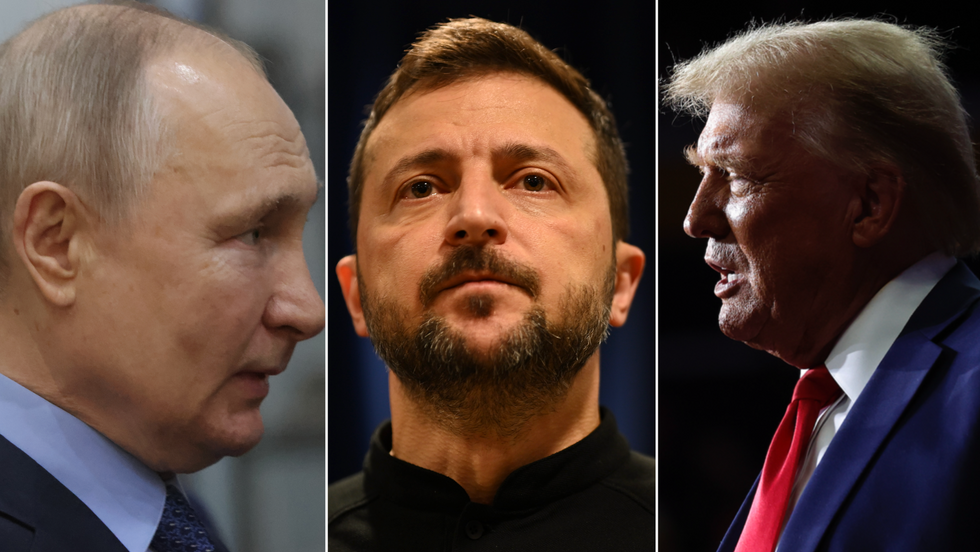 Vladimir Putin (left), Zelensky (middle), Donald Trump (right)