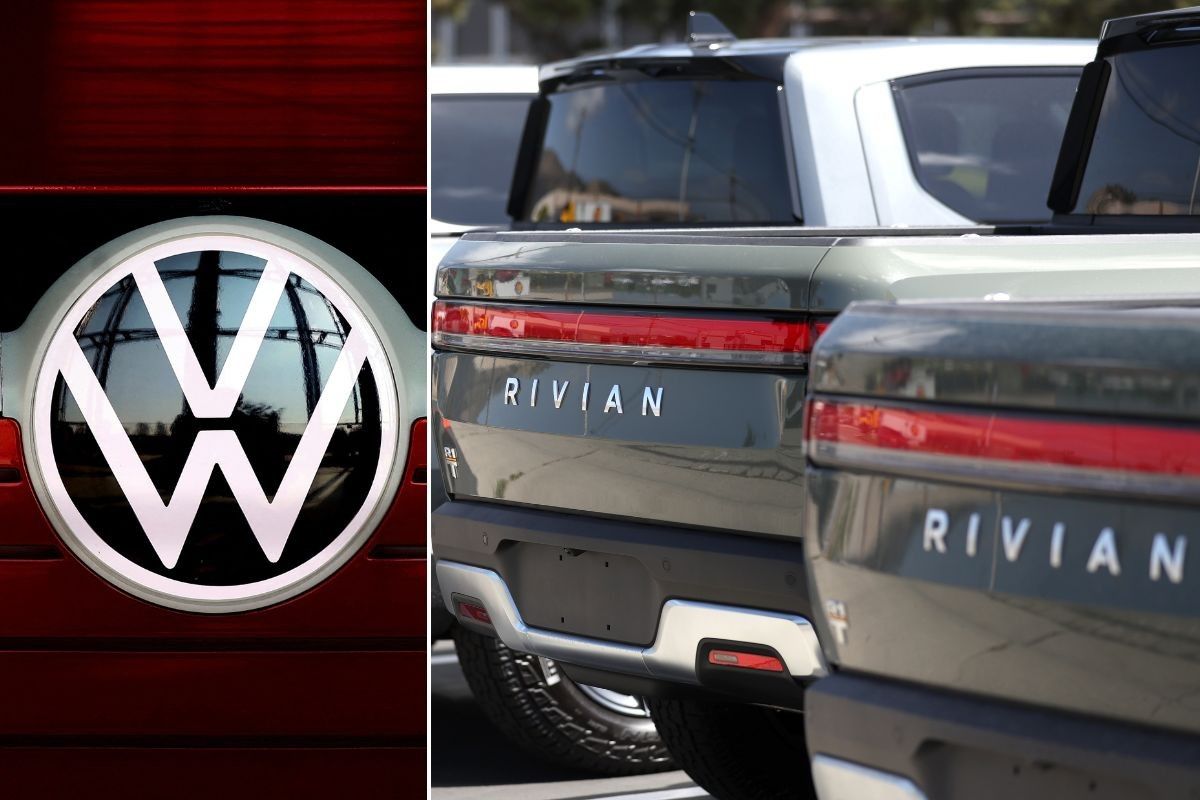 Volkswagen logo and Rivian EVs 