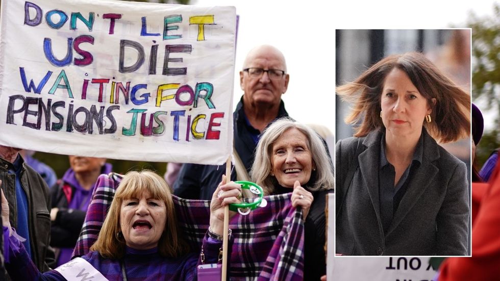 Waspi women protesting and Labour minister Liz Kendall