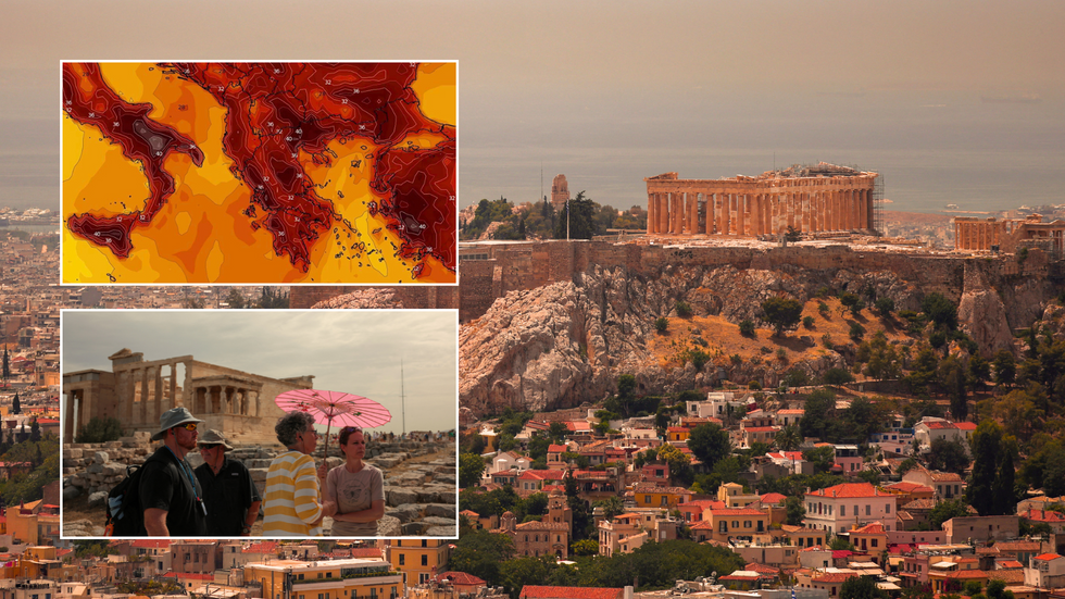 Weather map of Greece and Italy/Tourists shelter from sun/Acropolis in heatwave