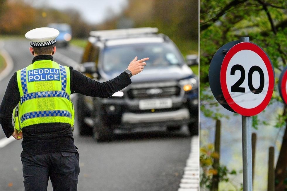 Welsh Police officer pulling a car over and a 20mph sign