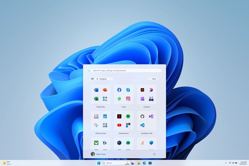 windows 11 start menu redesign showing the new categories view