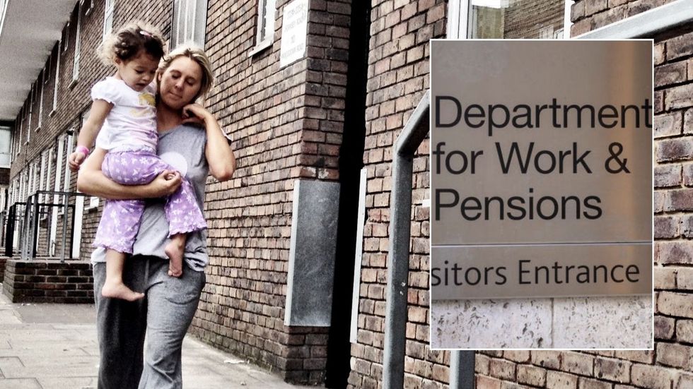 Woman and child and DWP sign