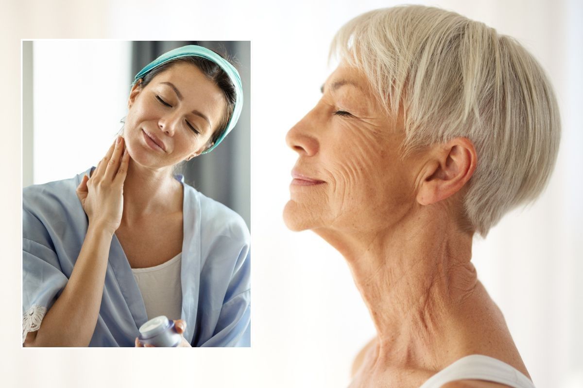 Woman applying skin care to neck /  Older woman's neck