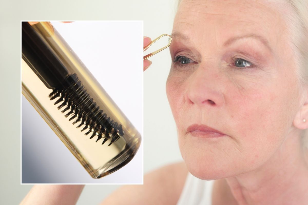 woman combing eyebrows and castor oil applicator