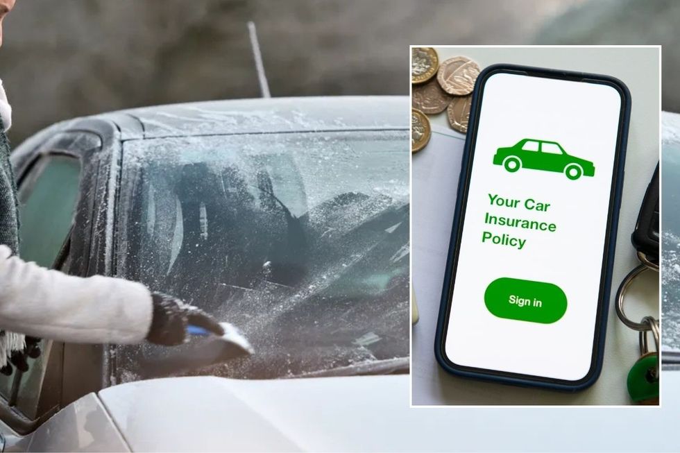 Woman defrosting her car and a car insurance policy phone screen