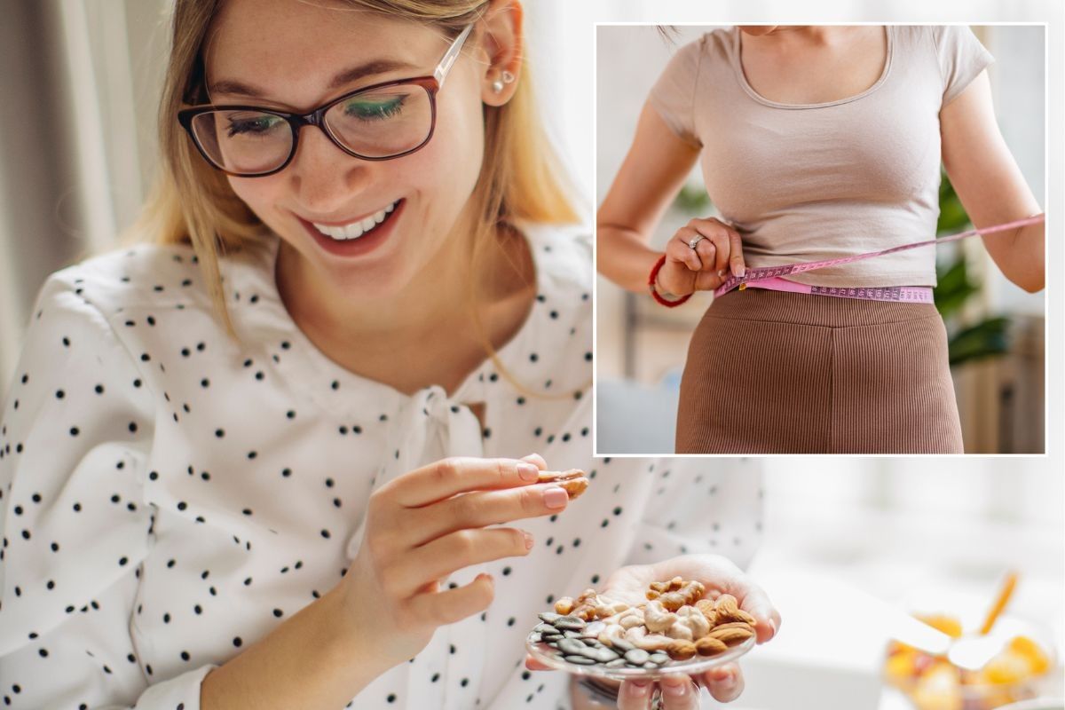 Woman eating nuts / Woman measuring waist