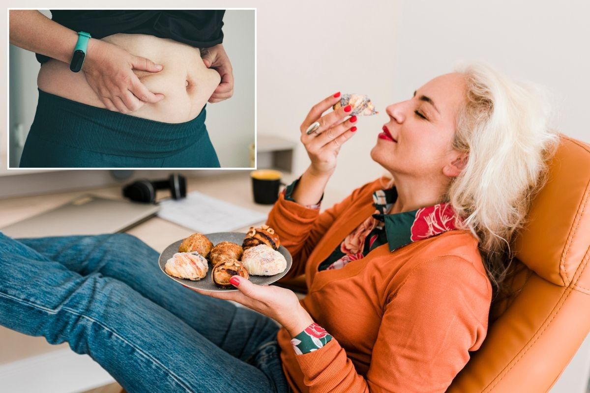 Woman holding her belly / Woman snacking on pastries