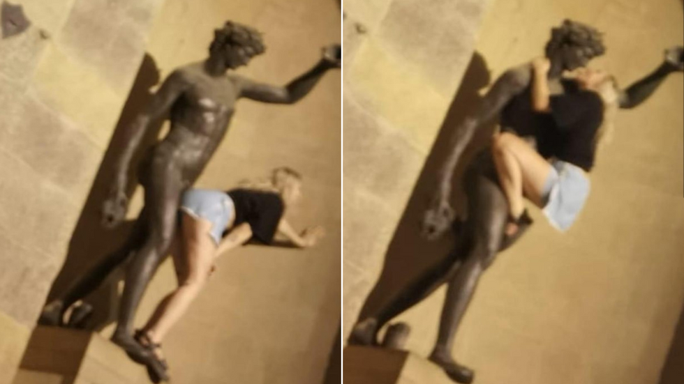 Woman imitating sex act on Bacchus statue