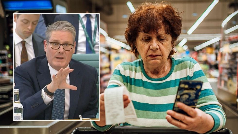 Woman looking at grocery bill and Keir Starmer