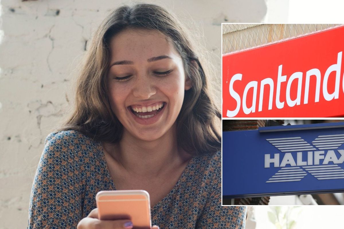 Woman looking happy, Halifax sign and Santander sign 