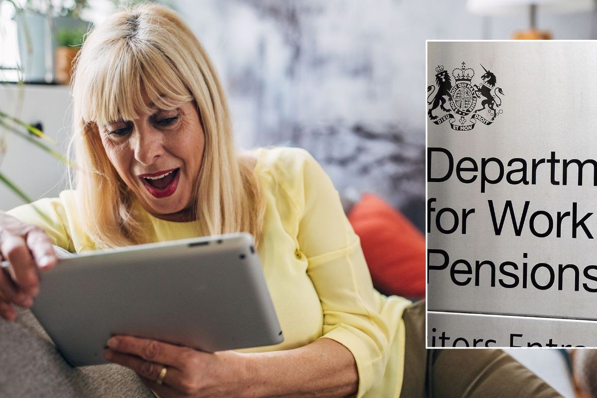 Woman looking shocked and DWP logo 