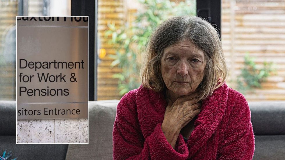 Woman looking worried and DWP sign