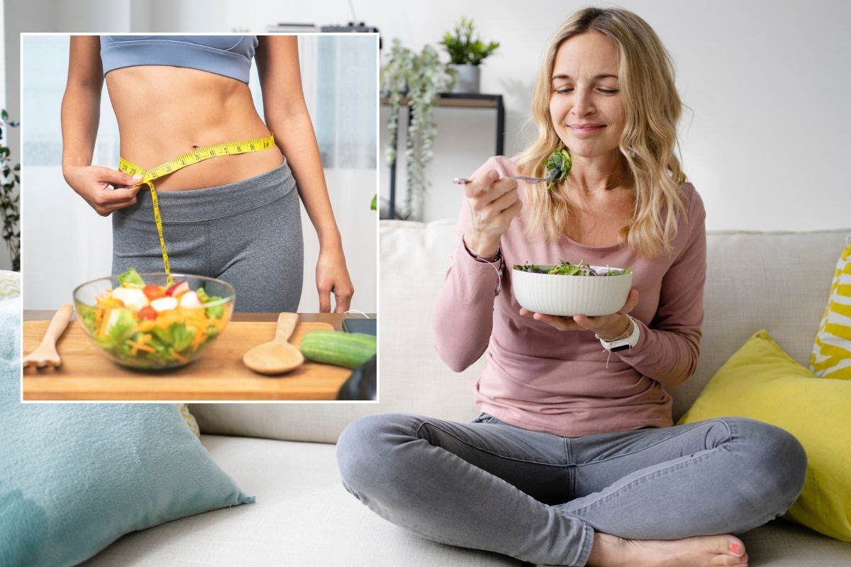 Woman measuring waist / woman eating salad