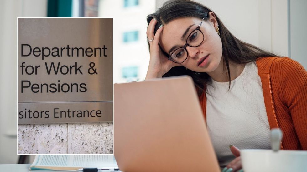 Woman on laptop and DWP sign