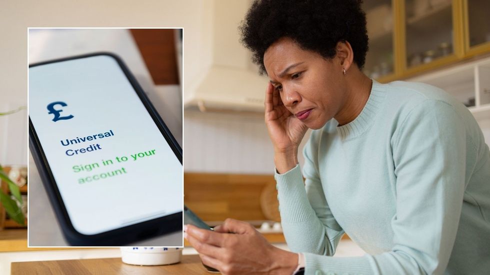 Woman on phone and Universal Credit sign 