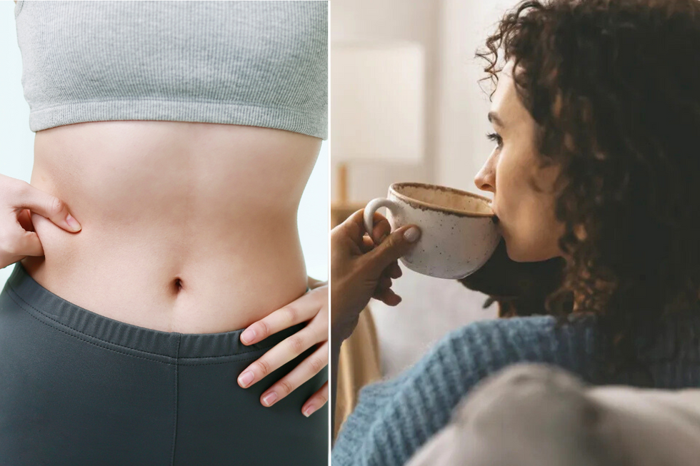 Woman pinching stomach / woman drinking coffee