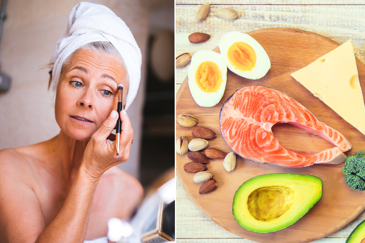 Woman putting make up on / high protein foods 