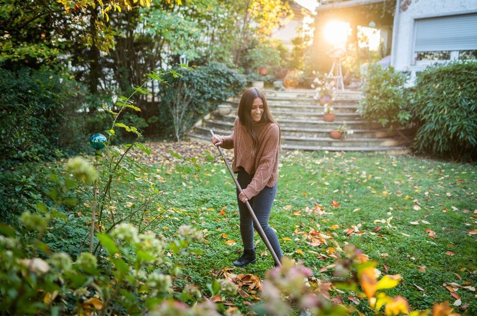 Woman raking garden