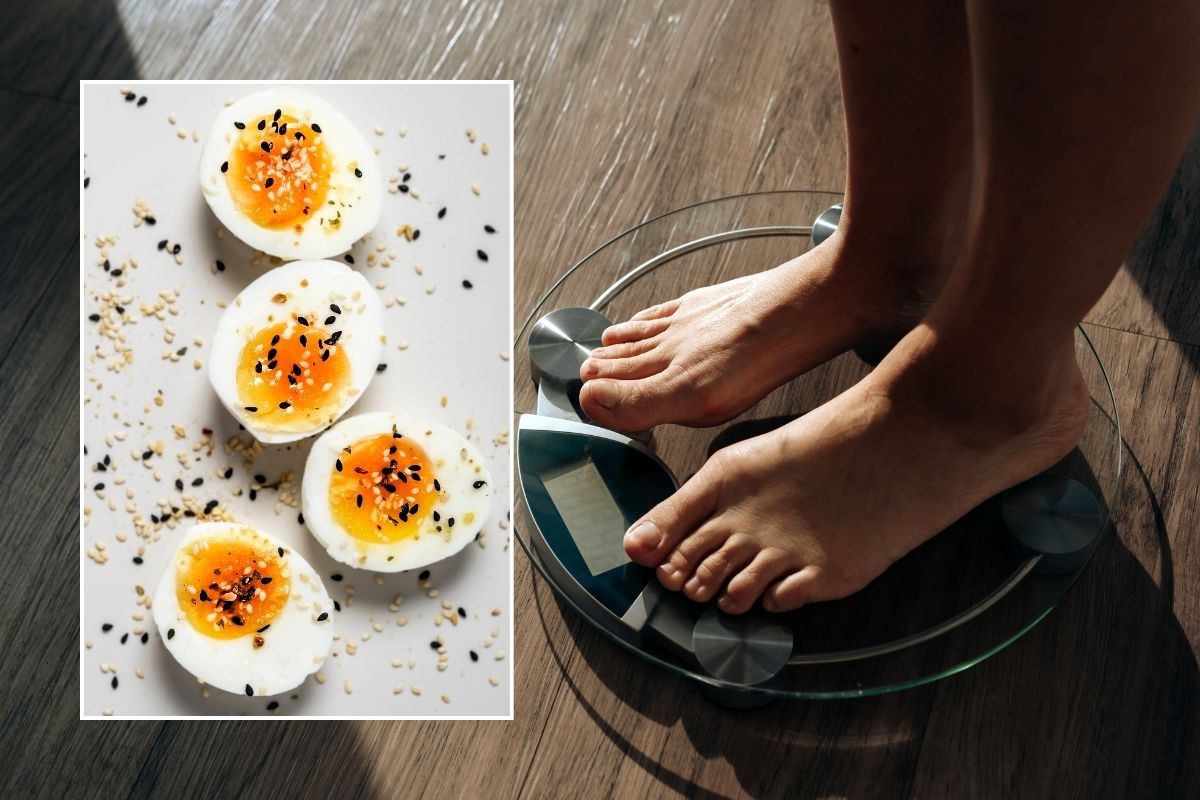 woman standing on scales and soft boiled eggs
