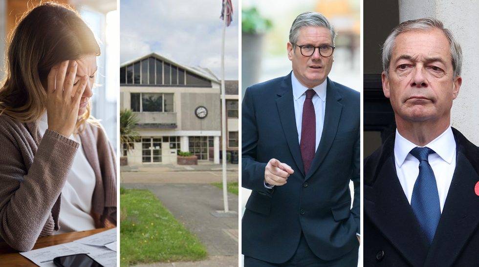 Woman stresse (left, Castle Point Council (middle), Nigel Farage (centre right), Keir Starmer (far right)