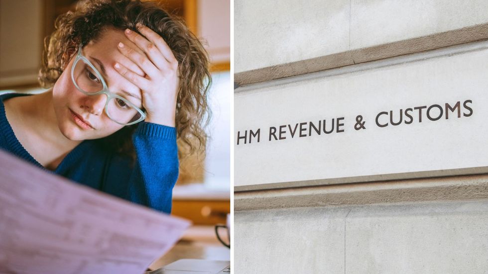 Woman stressed at tax bill and HMRC building