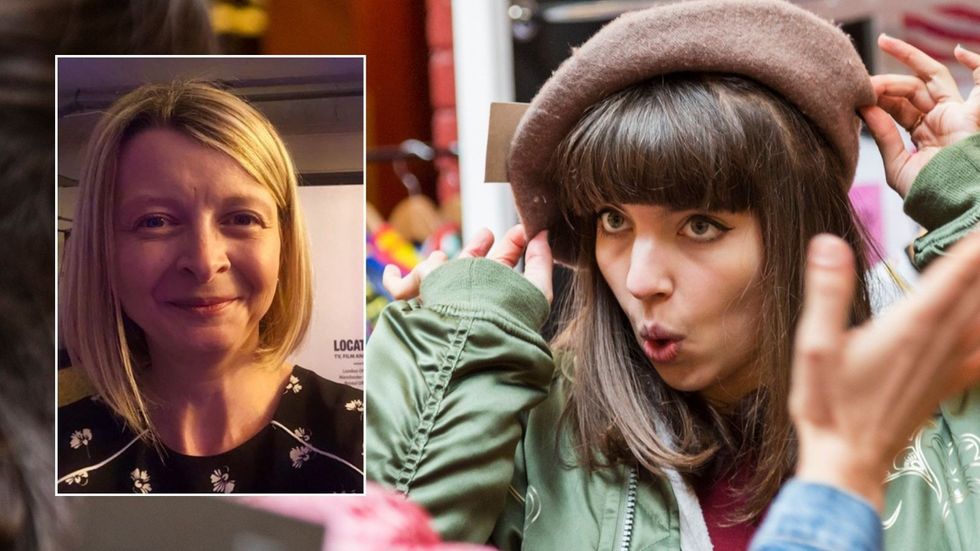 Woman trying on hat and Jane Hawkes