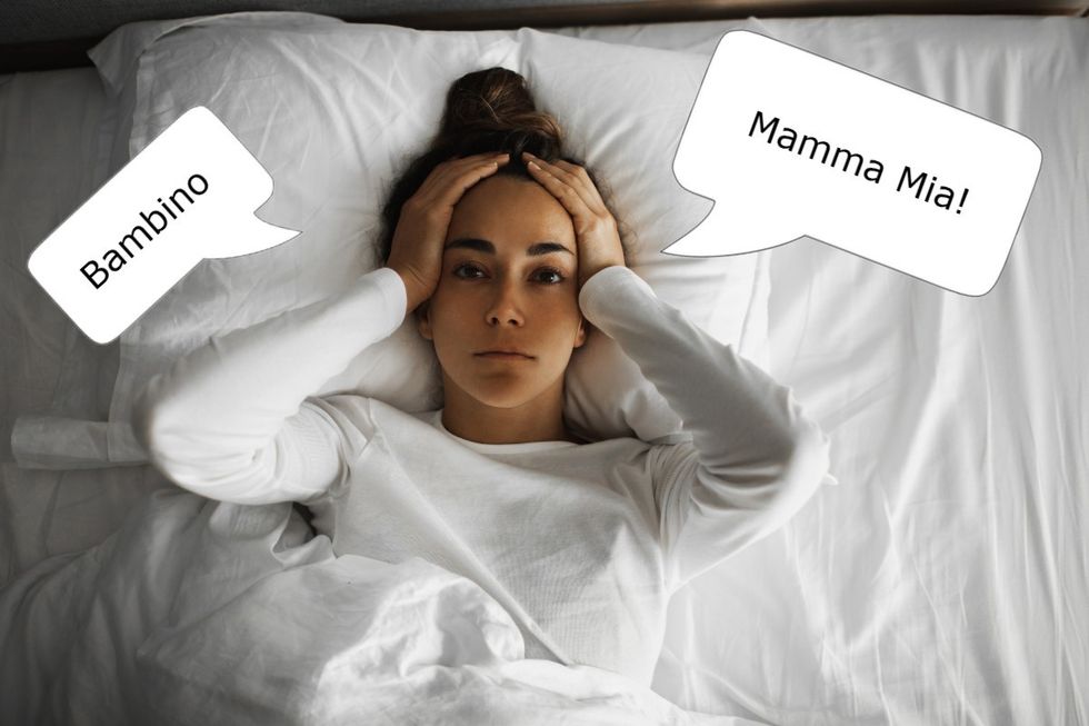 Woman wakes up confused and italian in speech bubbles