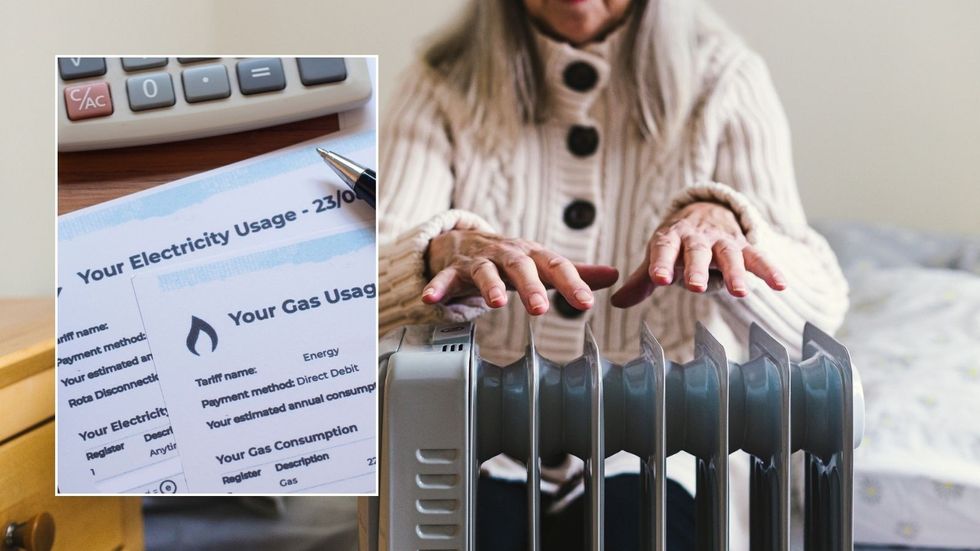 Woman warming herself at radiator and energy bill 