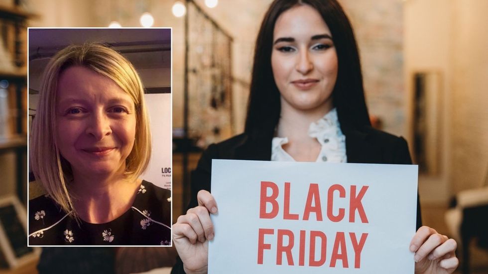 Woman with Black Friday sign and Jane Hawkes