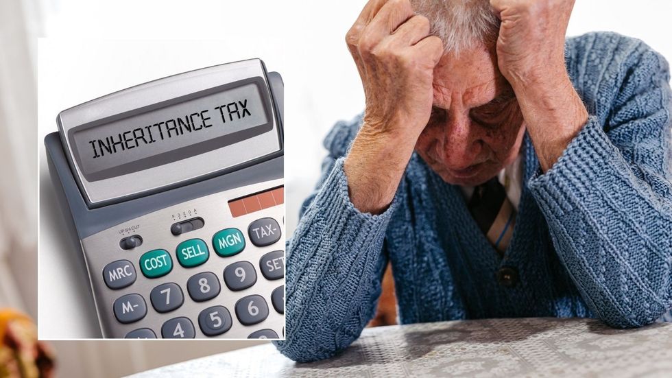 Worried pensioner and inheritance tax written on calculator