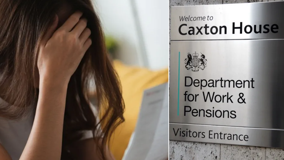 Worried woman reading letter/DWP sign