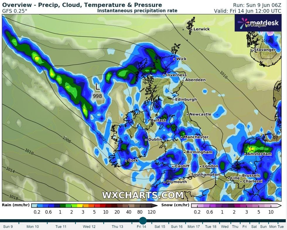 WX Charts map shows low pressure zone set to bring heavy rain