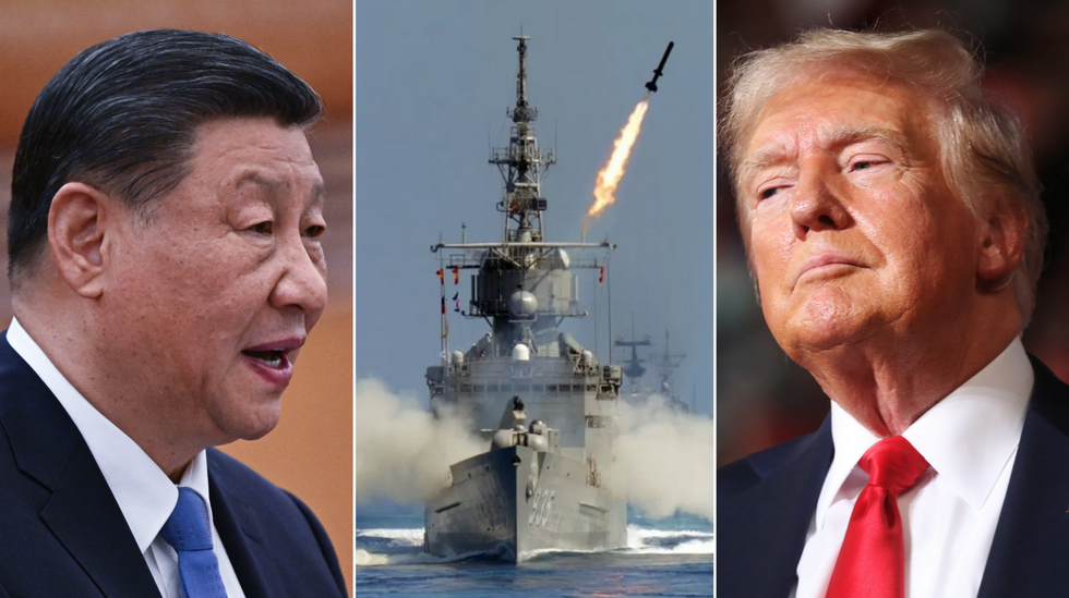 Xi Jinping (left), China warship (middle), Donald Trump (right)