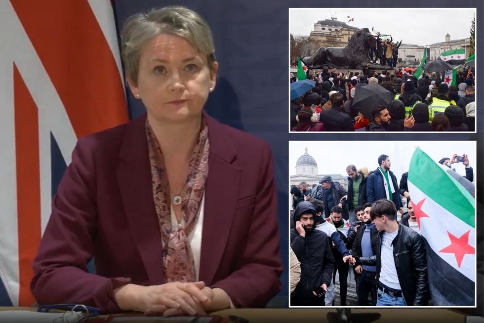 Yvette Cooper with insets of people celebrating events in Syria