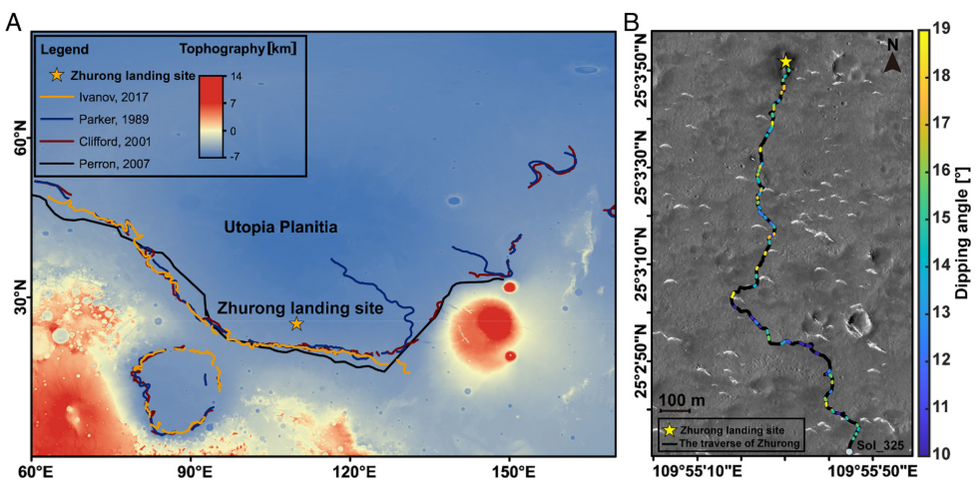 Zhurong rover landing site and proposed shorelines in Utopia Planitia